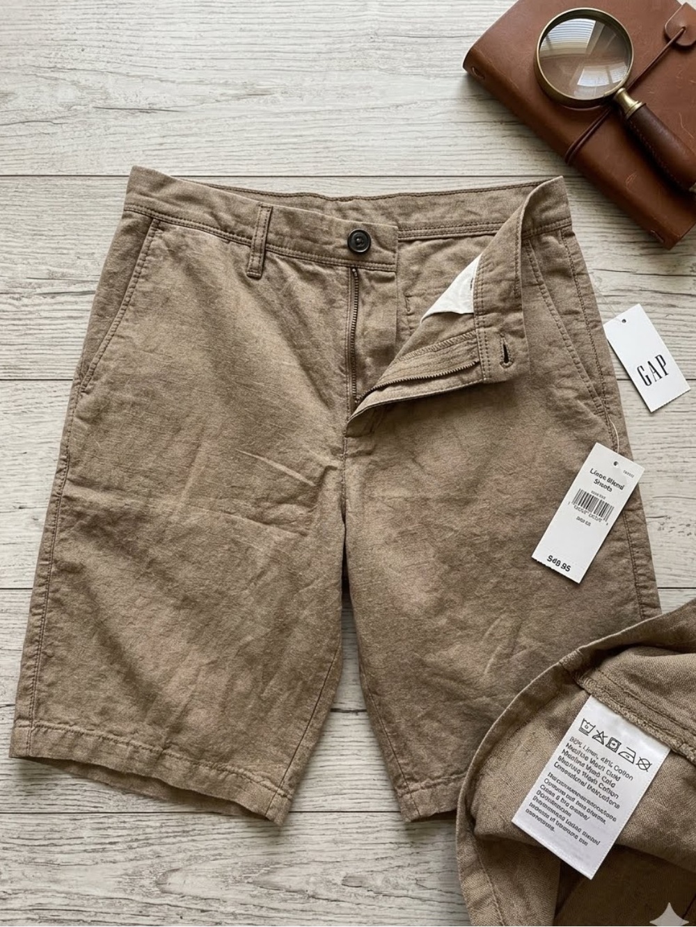 NEW Gap Men’s Linen-Cotton Blend Flat-Front Chino Shorts – Brown, Size 29